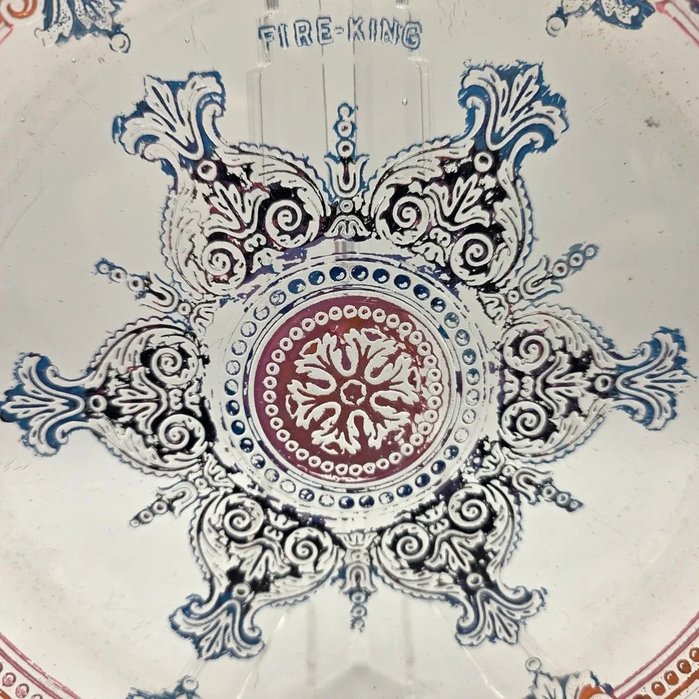 Vintage Fire-King Clear Glass Medallion Plate‎ Blue Red Scroll Pattern 9 inch